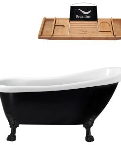 61" Black Clawfoot Tub and Tray, Black Feet, Chrome Internal Drain
