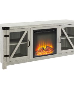 58" Glass Barn Door Fireplace Console - Stone Grey
