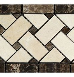 4"x12" Crema Marfil Marble Basketweave Border, Emp. Dark Dots, Set of 50