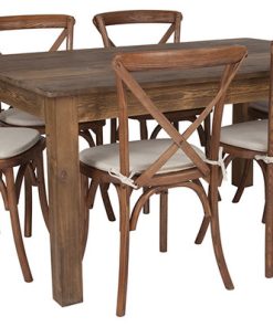 60x38 Farm Table Set With 6 Cross Back Chairs and Cushions, Antique Rustic