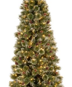 7.5' Glittery Bristle Pine Slim Tree With Dual Color LED Lights