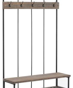 Wood and Metal Industrial Hall Tree with Bench, Brown