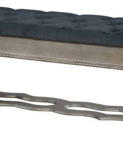 Traditional Solid Wood Bench With Tufted Seat, Silver and Blue