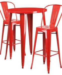 30" Round Red Metal Indoor-Outdoor Bar Table Set With 2 Cafe Barstools