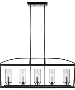 5-Light Linear Black Pendant With Seeded Glass