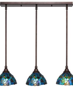 3-Light Mini Pendant, Hang Straight Swivels, Bronze, 7" Blue Mosaic Art Glass