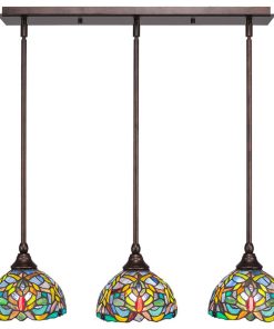 3-Light Mini Pendant, Hang Straight Swivels, Bronze, 7" Kaleidoscope Art Glass