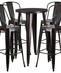 5-Piece 24" Round Metal Bar Table Set, Black/Antique Gold