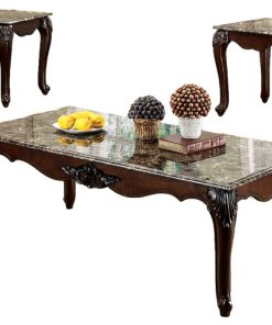 3-Piece Living Room Table Set With Marble Top, Dark Cherry
