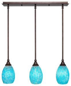 3-Light Mini Pendant, Hang Straight Swivels, Bronze, 5" Turquoise Fusion Glass