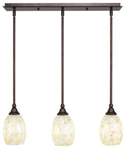 3 Light Mini Pendant In Bronze, 5" Ivory Glaze Seashell Glass