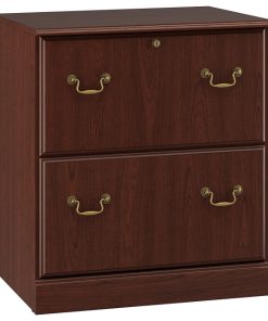 Transitional Lateral File Cabinet, 2 Storage Drawers With Brass Finished Handles