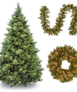 6.5' Carolina Pine Tree, Pine Garland including Flocked Cones, Pine Wreath