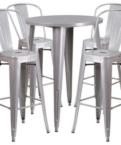 30" Round Silver Metal Indoor-Outdoor Bar Table Set With 4 Cafe Barstools