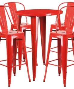 30" Round Red Metal Indoor-Outdoor Bar Table Set With 4 Cafe Barstools