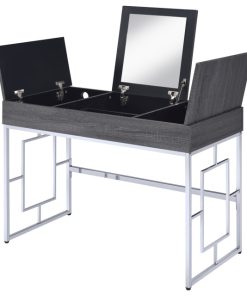 Wooden Vanity Desk W Three Storage Compartments and Metal Legs,Gray and Silver