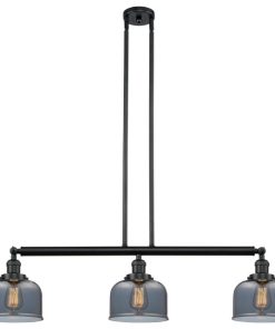 3-Light Large Bell 40" Island Light, Matte Black, Glass: Plated Smoked