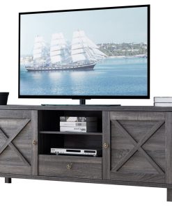 Transitional Wooden TV Stand with Two Side Door Cabinets and Spacious Storage