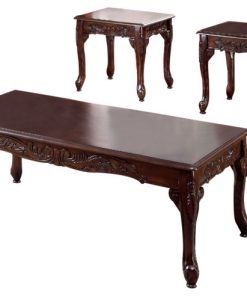 3 Piece Occasional Wooden Table Set with Engraved Details, Cherry Brown