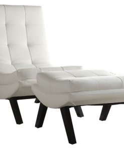 Tustin Lounge Chair and Ottoman Set With White Fuax leather fabric & Black Legs
