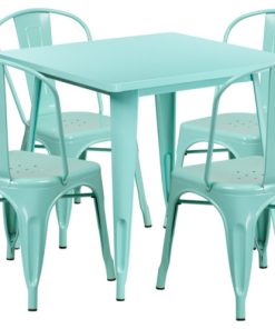 31.5" Square Mint Green Metal Indoor/Outdoor Table Set With 4 Stack Chairs