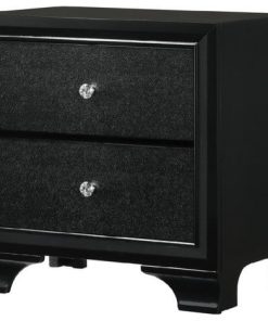 2 Drawer Wooden Nightstand with Textured Details and Crystal Pulls, Black