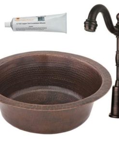 12" Copper Bar Sink, Faucet, 2" Drain, 14" Dia Outer
