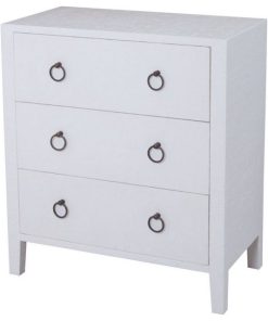 White Modern Farmhouse 3 Drawer Chest Bronze Ring Pulls in Natural Raffia White