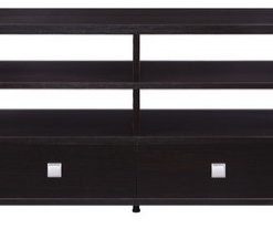 Transitional Wooden TV Stand with 4 Open Shelves and 2 Drawers, Brown