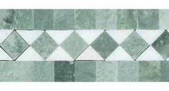 2"x12" Honed Thassos Marble Bias Border With Ming Green Dots, Set of 50