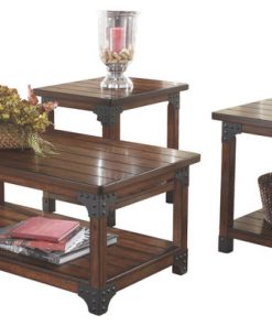 Wooden Table Set with Lower Shelf & Metal Brackets, Set of Three, Brown & Gray