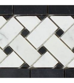 4.8"x12" Honed Carrara Marble Basketweave Border, Black Dots, Set of 50