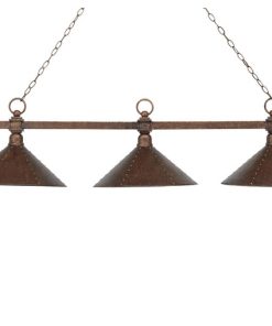 Three Light Antique Copper Hand Hammered Iron Shade Pool Table Light