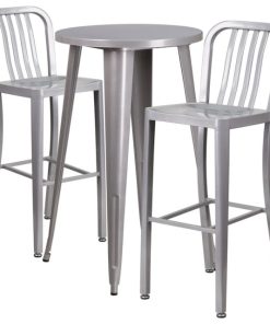 3-Piece 24" Round Metal Bar Table Set, Silver