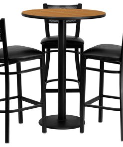 30'' Round Natural Laminate Table Set with 3 Grid Back Metal Barstools