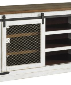 Wooden TV Stand with Barn Sliding Door and 4 Shelves,Medium,Brown and White
