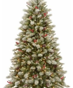 7 1/2' Snowy Bristle Berry Hinged Tree-Red Berries, 700 Dual Color LED Lights
