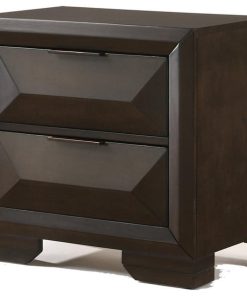 Wooden Nightstand with Dramatic Bevel Drawer Fronts, Espresso Brown