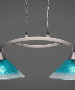 Toltec Bow Island Light In Brushed Nickel, Teal Glass