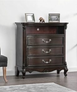 Three Drawer Solid Wood Media Chest with Open Shelf and Scrolled Legs, Brown