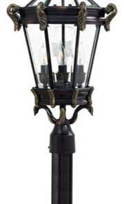 Stratford Hall Four Light Outdoor Post Mount Heritage/Gold Clear Beveled Glass