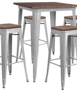 31.5" Square Silver Metal Bar Table Set with Wood Top and 4 Backless Stools