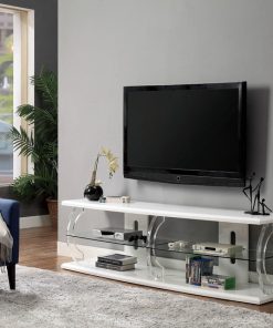 60" Wooden TV Stand With Spacious Glass Shelf, White and Clear