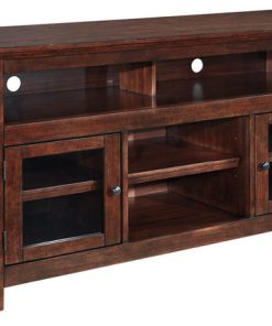 Wooden TV St& with Two Glass Inserted Door Cabinets & Open Shelves, Large, Brown