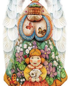 Summer Angel With Girl, Woodcarved Figurine