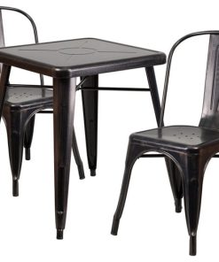 23.75" Square Black-Antique Gold Metal 3-Piece Table Set With 2 Stack Chairs