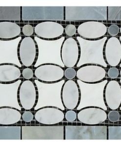 4"x12" Polished Caligraphic Border, Thassos+, Oval+Blue-Gray, Dots, Set of 50