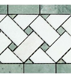 4.8"x12" Polished Thassos Marble Basketweave Border, Ming Green Dots, Set of 50