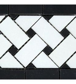 4.8"x12" Honed Thassos Marble Basketweave Border, Black Dots, Set of 50
