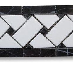 4"x12" Thassos Marble Basketweave Mosaic Border Black Dots Honed, Set of 50